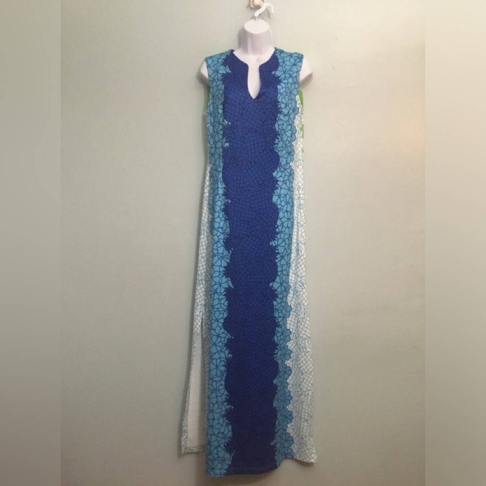 RULON REED Sleeveless Blue Panel Maxi Dress with Keyhole Neck